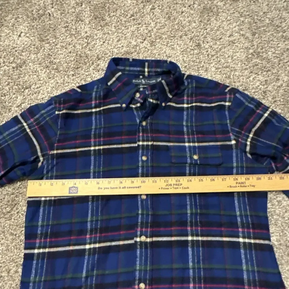 Polo Ralph Lauren Mens M Blue Plaid Flannel Long Sleeve Shirt Warm 100% Cotton